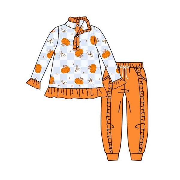 MOQ:5 pcs pre-order Each Style Fall Halloween Pumpkin Print Ruffles Kids Zipper Pullover Girls Set-2026.8.28