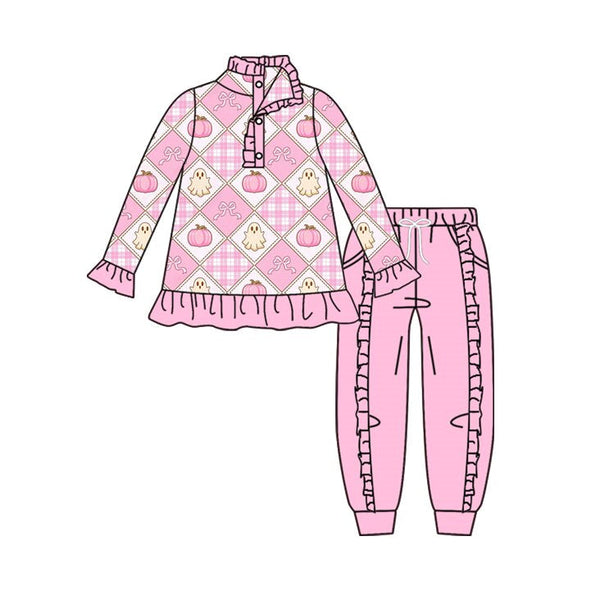 MOQ:5 pcs pre-order Each Style Fall Halloween Pumpkin Print Ruffles Kids Zipper Pullover Girls Set-2026.8.28