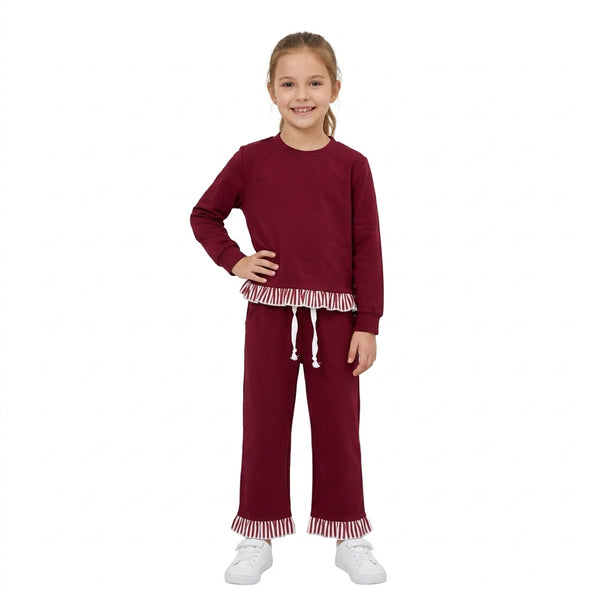 RTS GLP3829 toddler girl clothes solid burgundy long sleeve fringe pants outfit