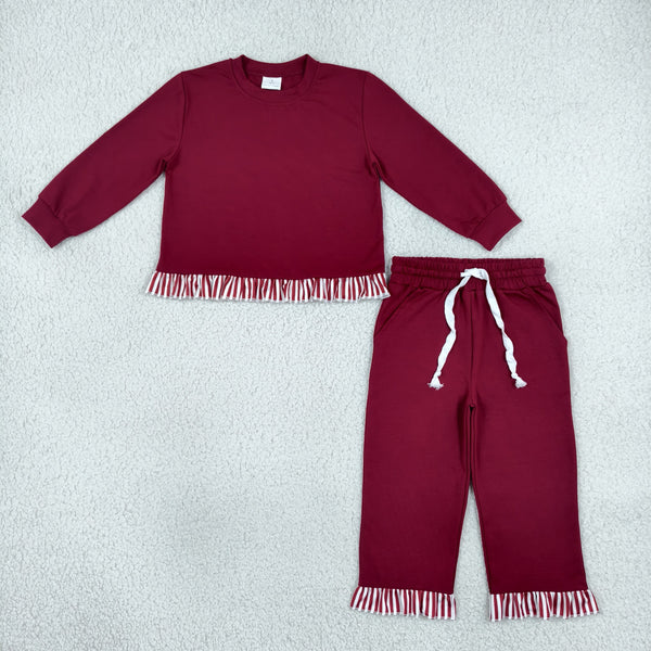 RTS GLP3829 toddler girl clothes solid burgundy long sleeve fringe pants outfit