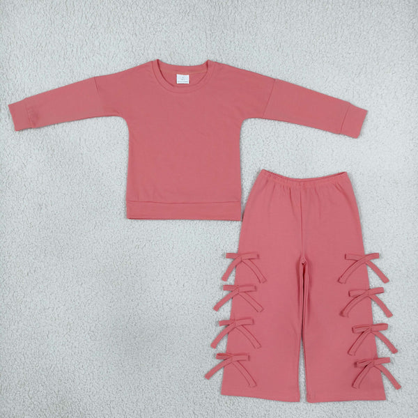 RTS GLP3845 toddler girl clothes cotton solid pink bow detail long sleeve outfit winter clothing set