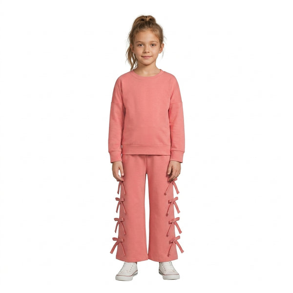 RTS GLP3845 toddler girl clothes cotton solid pink bow detail long sleeve outfit winter clothing set