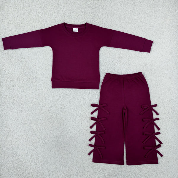 RTS GLP3846 toddler girl clothes solid maroon bow detail long sleeve outfit