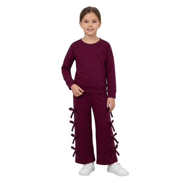 RTS GLP3846 toddler girl clothes solid maroon bow detail long sleeve outfit