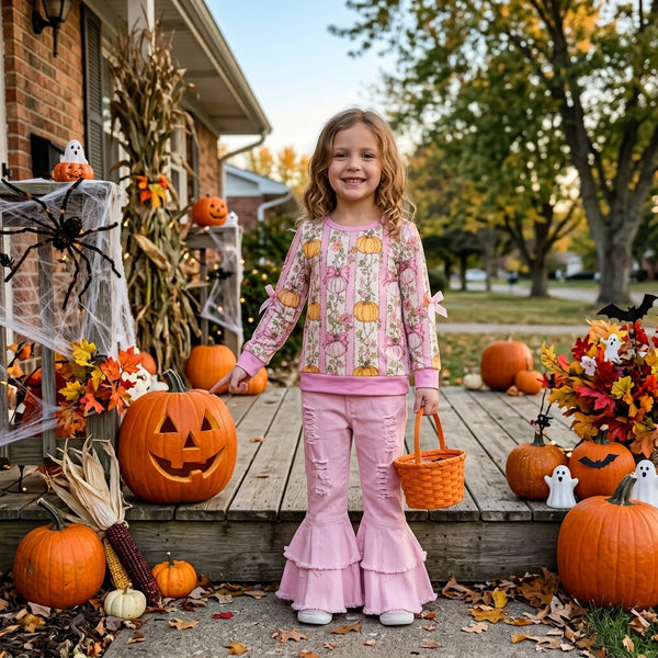 RTS GLP3851 baby girl clothes halloween pumpkin floral print long sleeve ruffle flare pant outfit