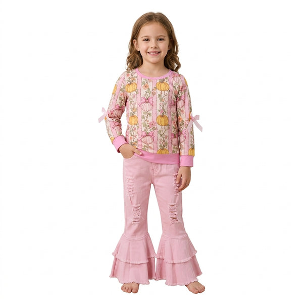 RTS GLP3851 baby girl clothes halloween pumpkin floral print long sleeve ruffle flare pant outfit