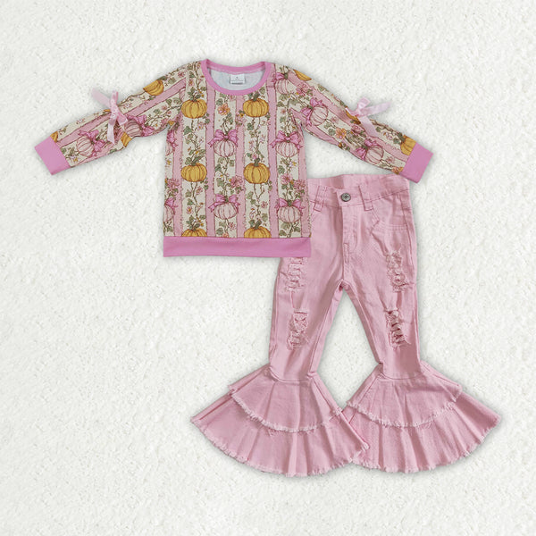 RTS GLP3851 baby girl clothes halloween pumpkin floral print long sleeve ruffle flare pant outfit
