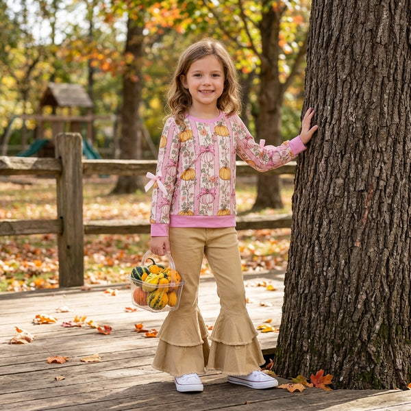 RTS GLP3852 baby girl clothes halloween pumpkin floral print long sleeve flare pant outfit