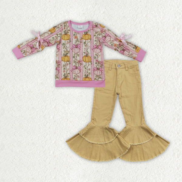 RTS GLP3852 baby girl clothes halloween pumpkin floral print long sleeve flare pant outfit