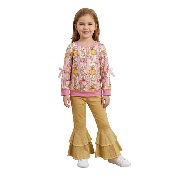 RTS GLP3852 baby girl clothes halloween pumpkin floral print long sleeve flare pant outfit