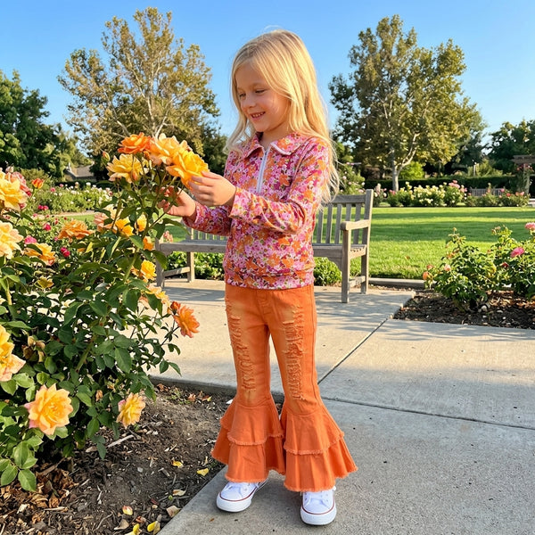 RTS GLP3853 baby girl clothes floral print long sleeve distressed flare pant outfit halloween set