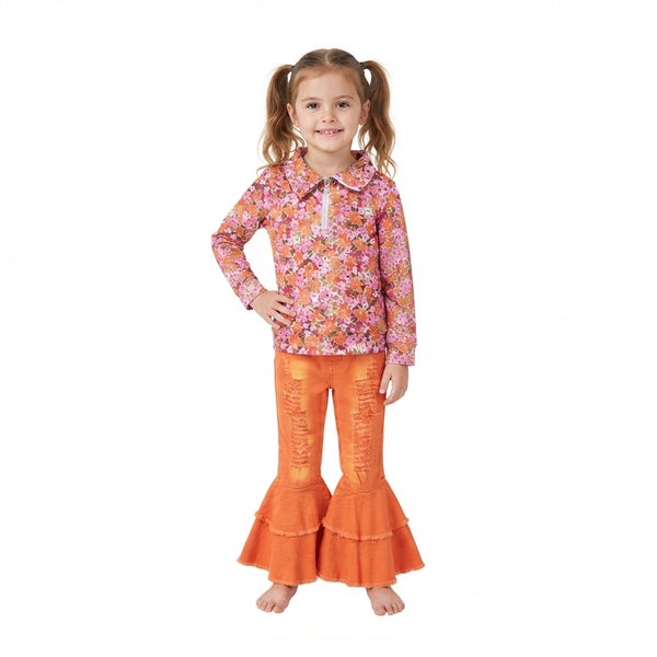 RTS GLP3853 baby girl clothes floral print long sleeve distressed flare pant outfit halloween set