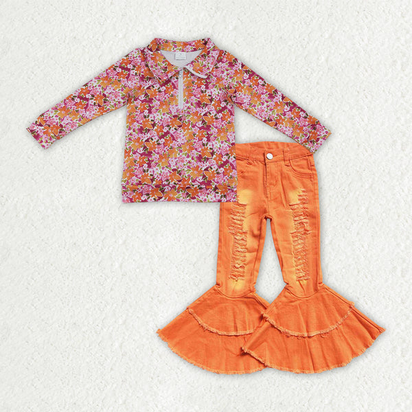 RTS GLP3853 baby girl clothes floral print long sleeve distressed flare pant outfit halloween set