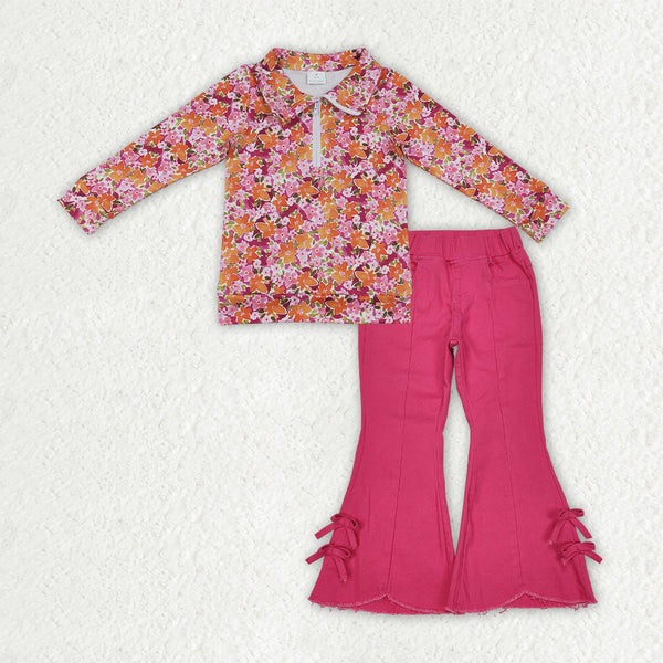 RTS GLP3854 baby girl clothes floral print long sleeve bow flare pant outfit winter set