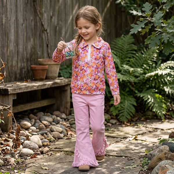 RTS GLP3855 baby girl clothes floral print long sleeve frayed flare pant outfit winter set