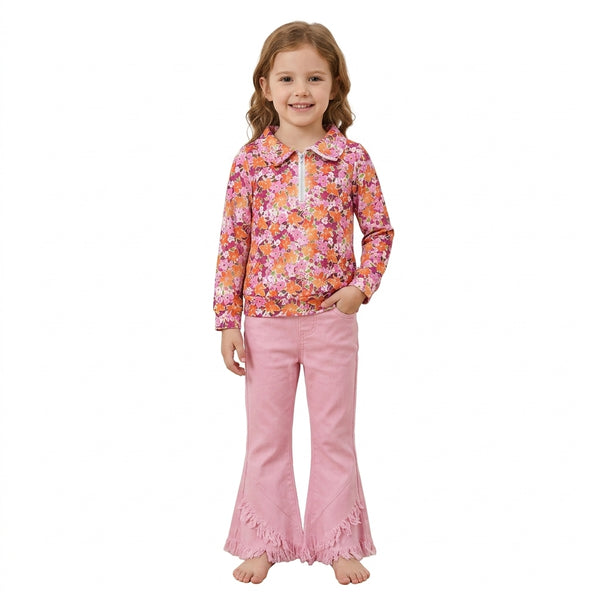 RTS GLP3855 baby girl clothes floral print long sleeve frayed flare pant outfit winter set