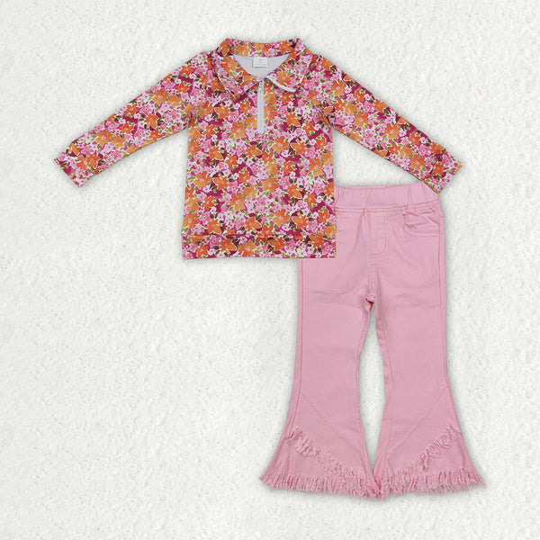 RTS GLP3855 baby girl clothes floral print long sleeve frayed flare pant outfit winter set