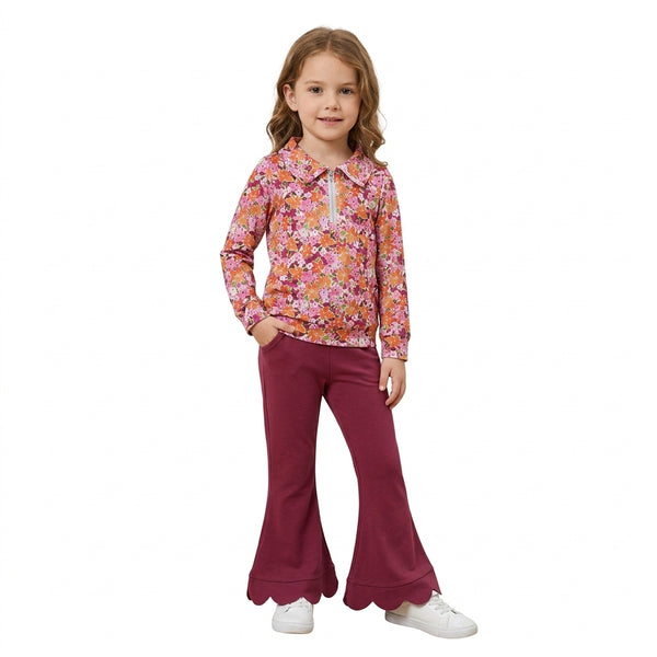 RTS GLP3857 baby girl clothes floral print long sleeve scallop flare pant outfit winter clothes set