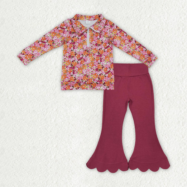 RTS GLP3857 baby girl clothes floral print long sleeve scallop flare pant outfit winter clothes set