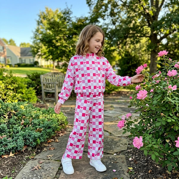 RTS GLP3867 toddler girl clothes heart checkered print long sleeve flare pants outfit