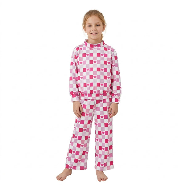 RTS GLP3867 toddler girl clothes heart checkered print long sleeve flare pants outfit