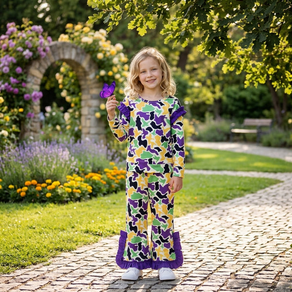RTS GLP3871 toddler girl clothes Mardi Gras camouflage ruffle long sleeve outfit