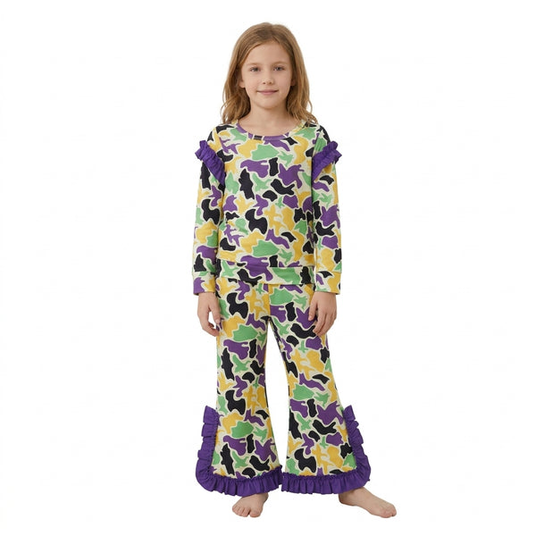 RTS GLP3871 toddler girl clothes Mardi Gras camouflage ruffle long sleeve outfit