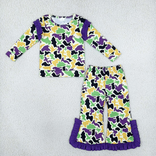 RTS GLP3871 toddler girl clothes Mardi Gras camouflage ruffle long sleeve outfit