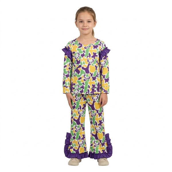 RTS GLP3872 kids Mardi Gras camouflage print ruffle long sleeve top and bell bottom pants set