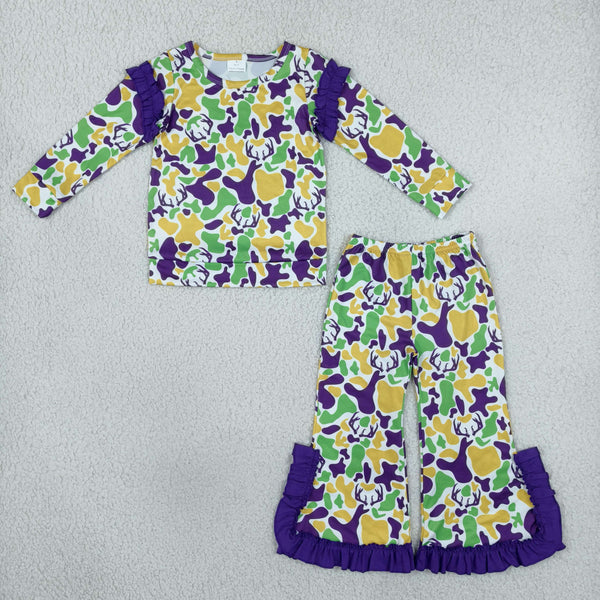RTS GLP3872 kids Mardi Gras camouflage print ruffle long sleeve top and bell bottom pants set