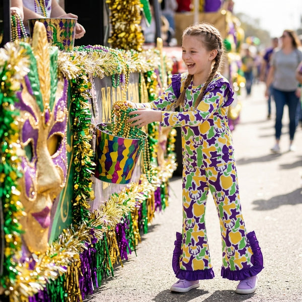 RTS GLP3872 kids Mardi Gras camouflage print ruffle long sleeve top and bell bottom pants set