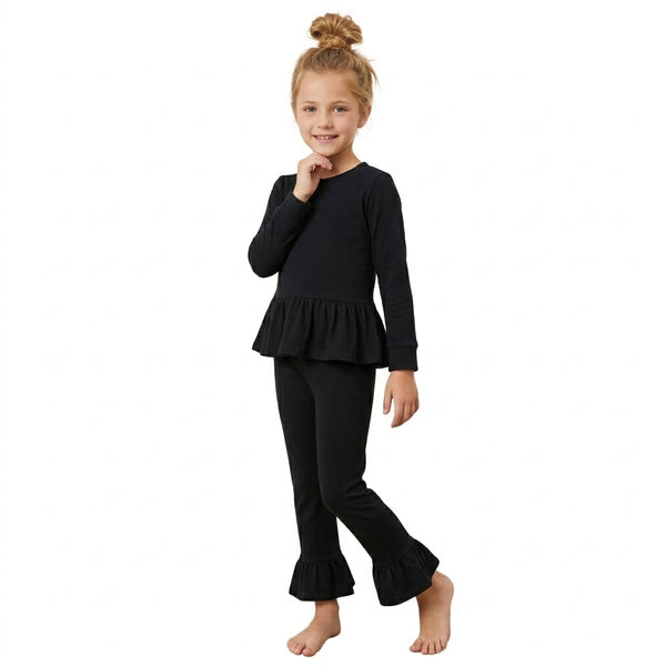 RTS GLP3885 toddler girl clothes solid black long sleeve ruffle pants outfit