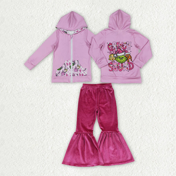 RTS GLP3953 baby girl clothes cartoon print long sleeve hooded top flare pant bundle outfit