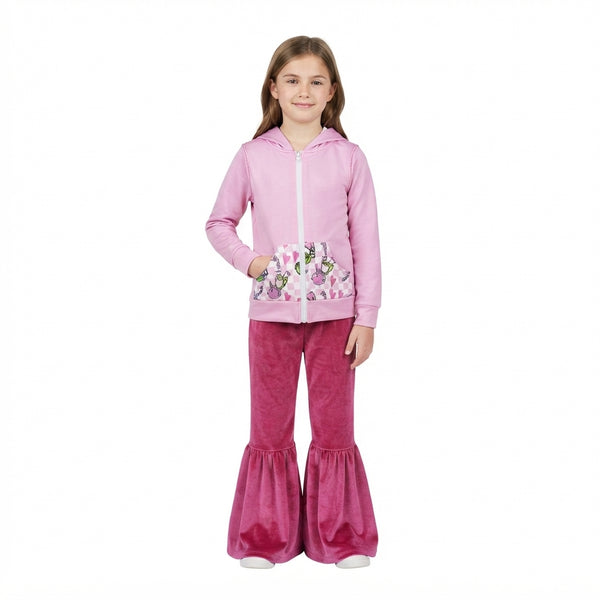 RTS GLP3953 baby girl clothes cartoon print long sleeve hooded top flare pant bundle outfit