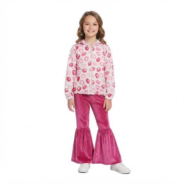 RTS GLP3954 baby girl clothes lip print long sleeve hooded top flare pant bundle outfit
