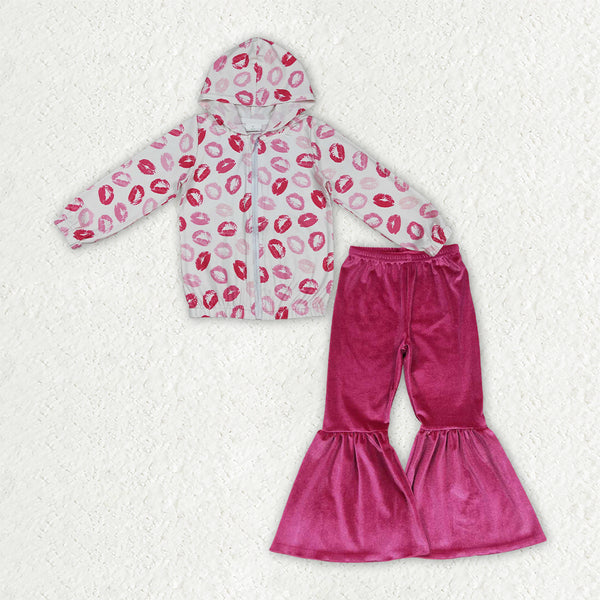 RTS GLP3954 baby girl clothes lip print long sleeve hooded top flare pant bundle outfit