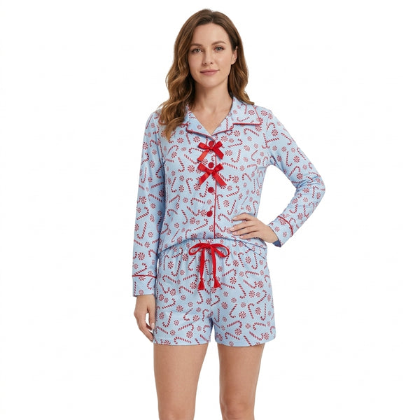 RTS GLS0116 women clothes Christmas candy cane print long sleeve top and shorts pajama outfit