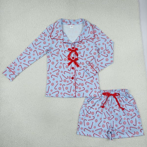 RTS GLS0116 women clothes Christmas candy cane print long sleeve top and shorts pajama outfit
