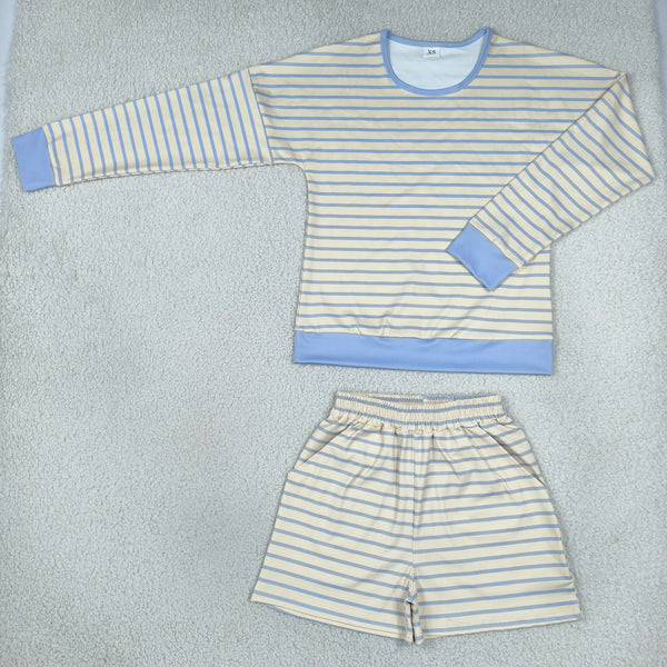 RTS GLS0138 women clothes blue stripe print long sleeve short pant outfit winter shorts set