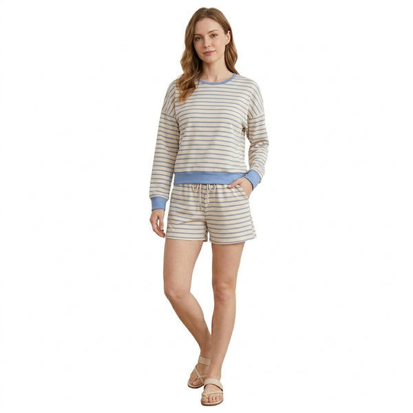 RTS GLS0138 women clothes blue stripe print long sleeve short pant outfit winter shorts set