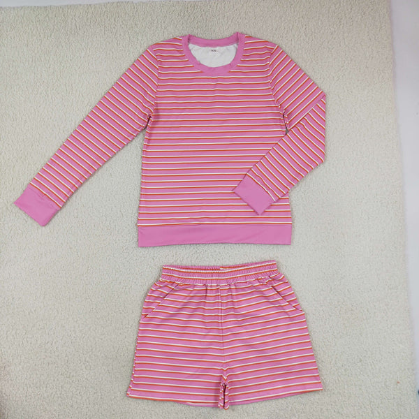RTS GLS0139 women clothes pink stripe print long sleeve short pant outfit