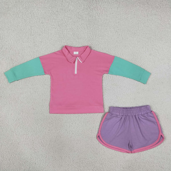 RTS GLS0193 toddler girl clothes color block long sleeve shorts outfit
