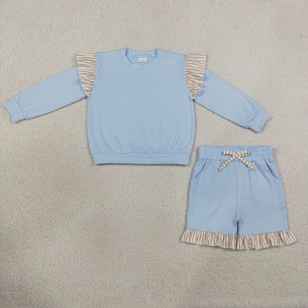 RTS GLS0216 baby girl clothes solid print long sleeve ruffle top short bundle