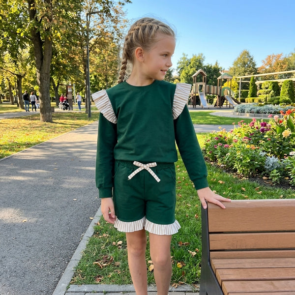 RTS GLS0218 toddler girl clothes cotton solid green ruffle long sleeve top shorts outfit winter christmas clothes