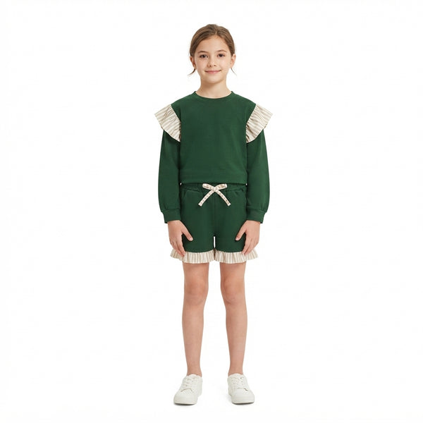RTS GLS0218 toddler girl clothes cotton solid green ruffle long sleeve top shorts outfit winter christmas clothes