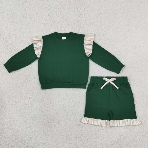 RTS GLS0218 toddler girl clothes cotton solid green ruffle long sleeve top shorts outfit winter christmas clothes
