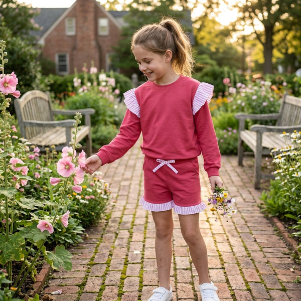 RTS SS1001 toddler girl clothes solid ruffle short with pocket striped bow detail