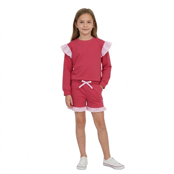 RTS SS1001 toddler girl clothes solid ruffle short with pocket striped bow detail