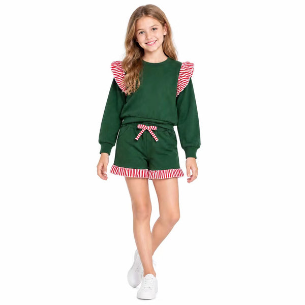 RTS GLS0223 toddler girl clothes green cotton solid long sleeve ruffle outfit winter shorts set