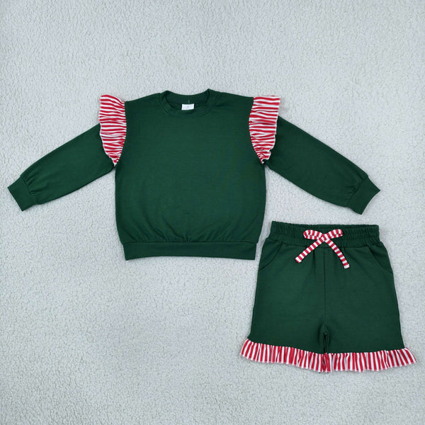 RTS GLS0223 toddler girl clothes green cotton solid long sleeve ruffle outfit winter shorts set